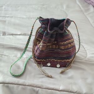 Multicolor Drawstring Bag with Gold Accents